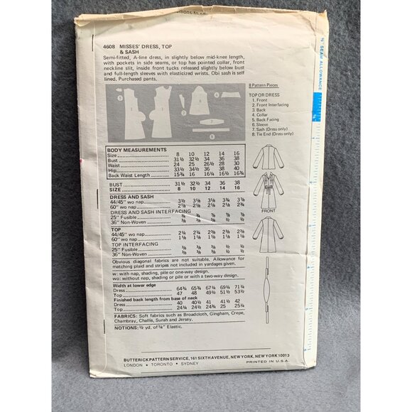 Butterick 4608 Sewing Pattern Misses Dress & Top Size 12 - uncut - Picture 2 of 2